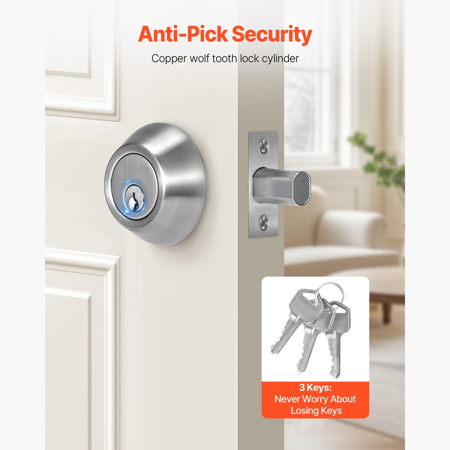 Deadbolt Lock Round Single Cylinder Dead Bolt Keyed 1 Side Satin Nickel 3 Keys_voghion.com